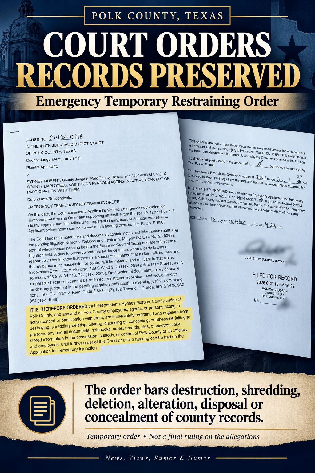 Polk County Judge-Elect Gets Court Order to Preserve Records Amid Shredding Concerns at County Judge’s&nbsp;Office
